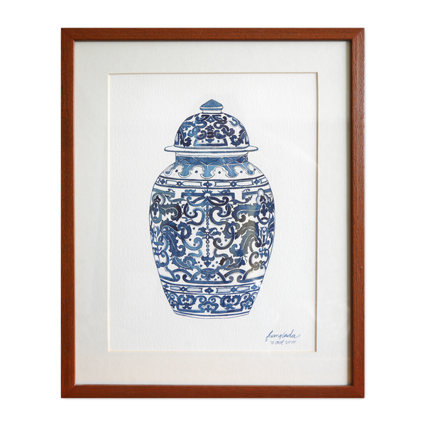 Janfive Studo Chinese Blue Jar  Watercolor Painting by Fuanglada